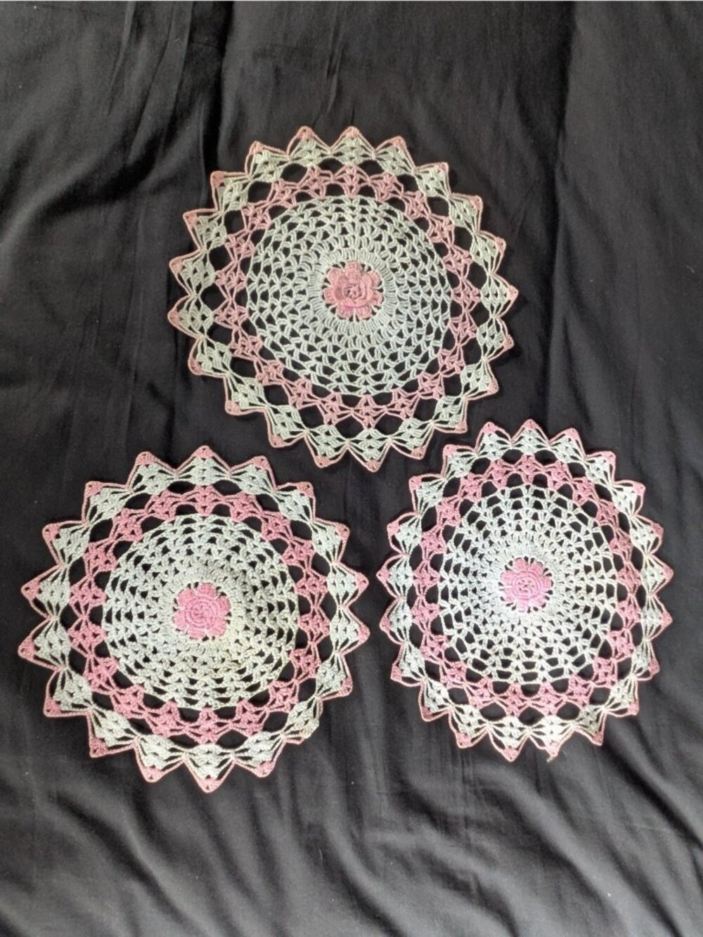 Handmade Crochet Doily Set of 3 Round White and Pink Cotton Thread 13" and 11"